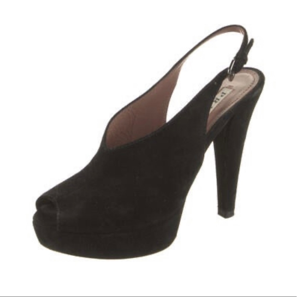Prada black suede slingback sandals; block heels w/platform; buckle closure - Picture 3 of 7